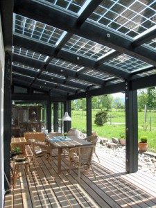 Photovoltaic panel covered patio.